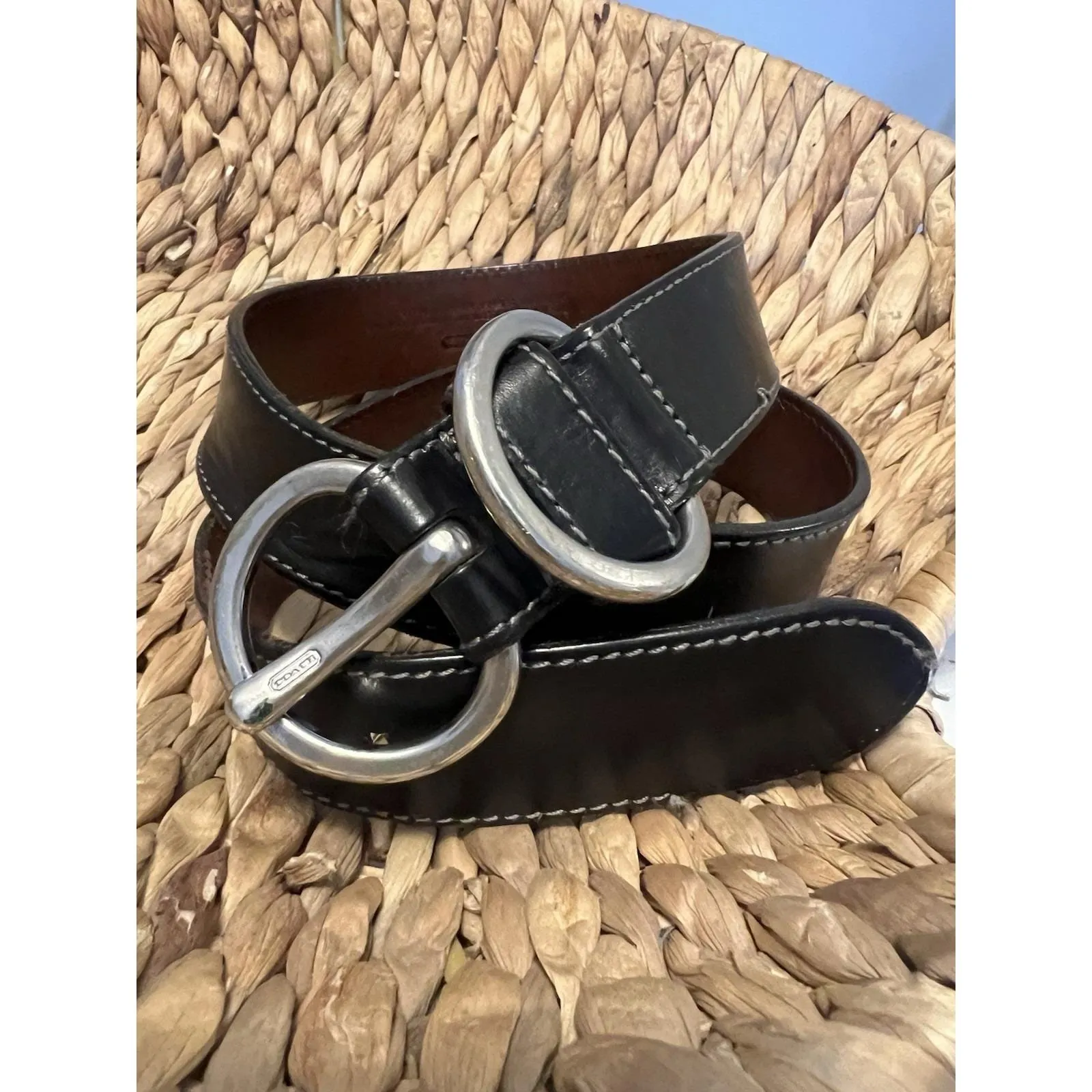 Vintage Coach  Black  Leather Belt,italy Solid Brass Buckle 3524 Small 38 1/4" - Image 3