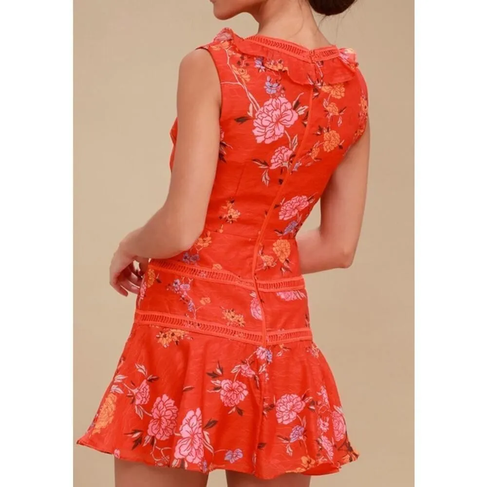 Finders Keepers Flicker Coral Red Floral Print Mini Dress Sz. M - Image 3