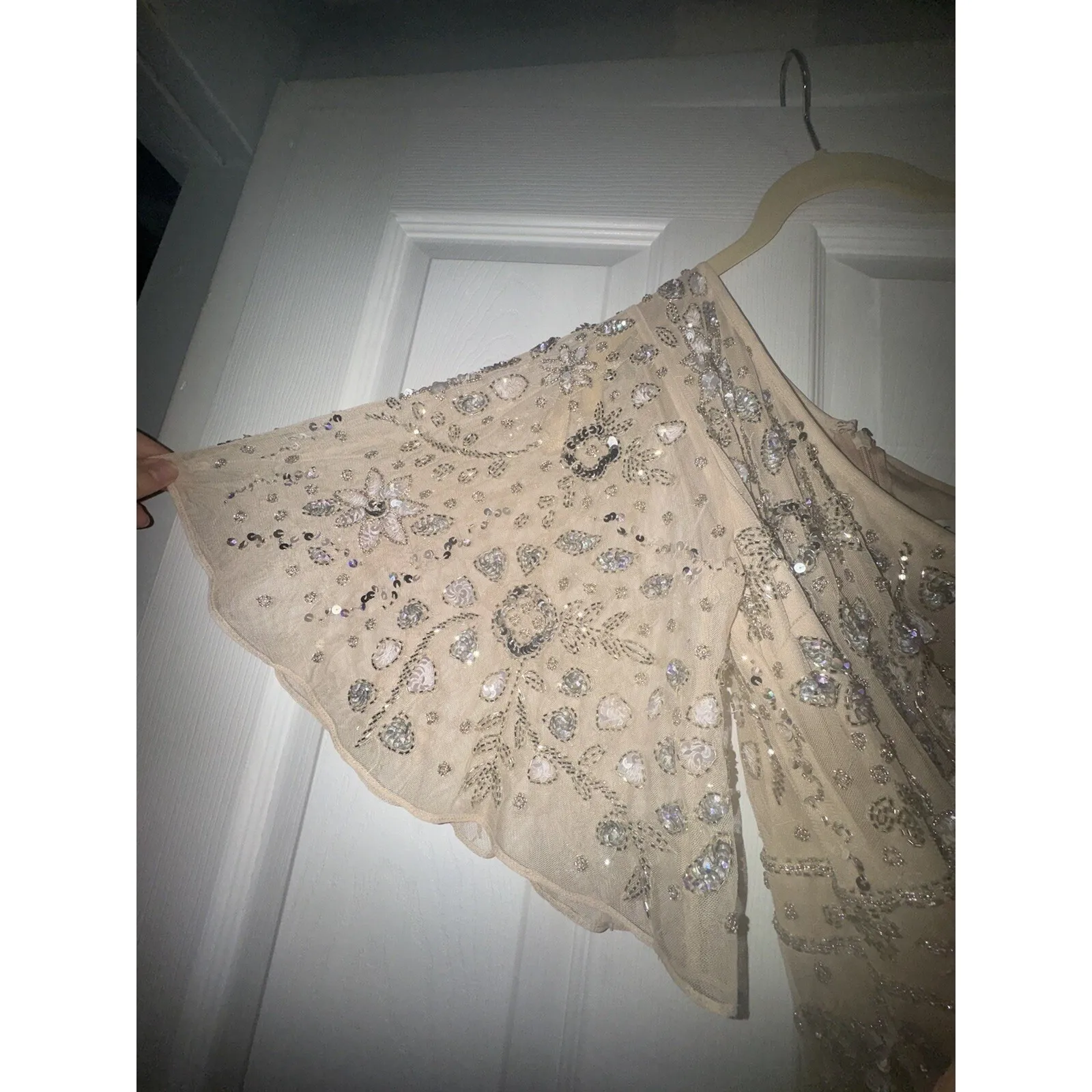 MAC DUGGAL Floral Beaded Embellished One Shoulder Draped Gown Nude Silver Sz 6 - Image 2