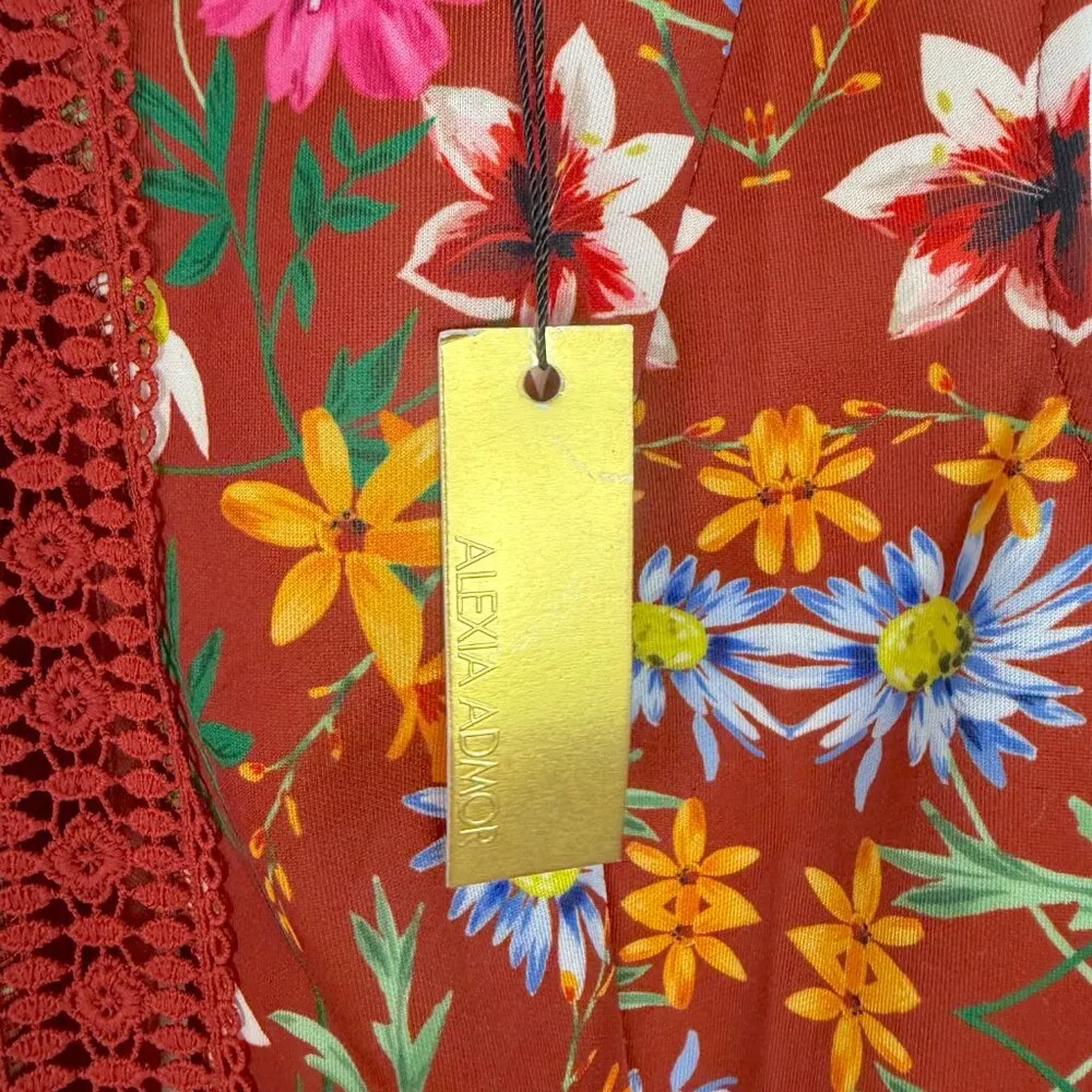 NWT Alexia Admor Justine Lace Trim Flounce Hem Dress Rust Floral Size Medium M - Image 7