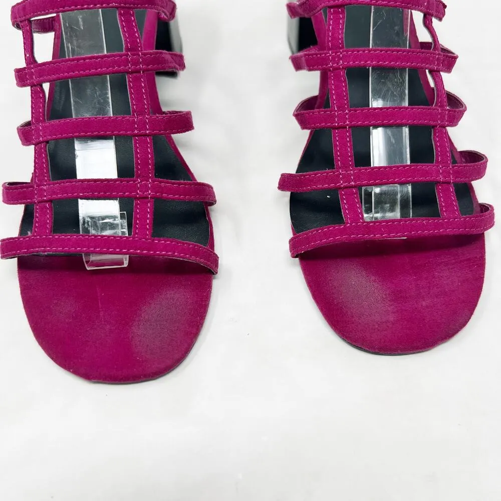 [Urban Outfitters] Fuchsia Pink Faux Suede Caged Lattice Block Heel Mules Sz 10 - Image 9