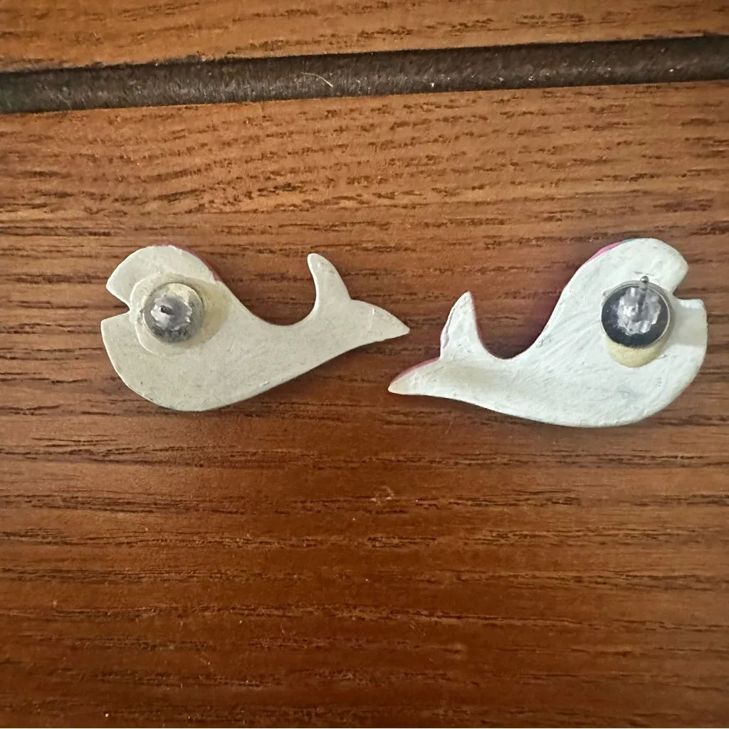 Wood Hand Painted Whale Stud Earrings Blue Pink - Image 5