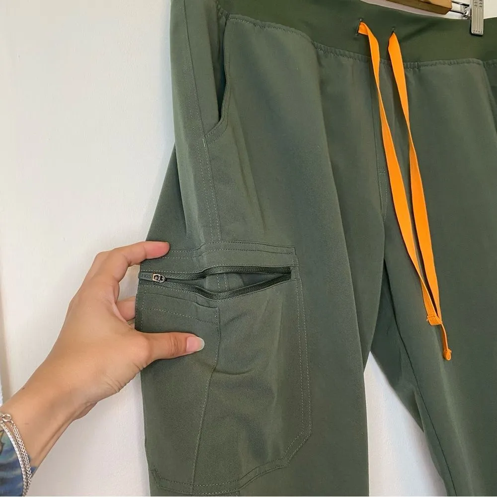 FIGS Yola Skinny Fit Straight Leg 11-Pocket Scrub Pants Moss  Green/Orange Large - Image 7