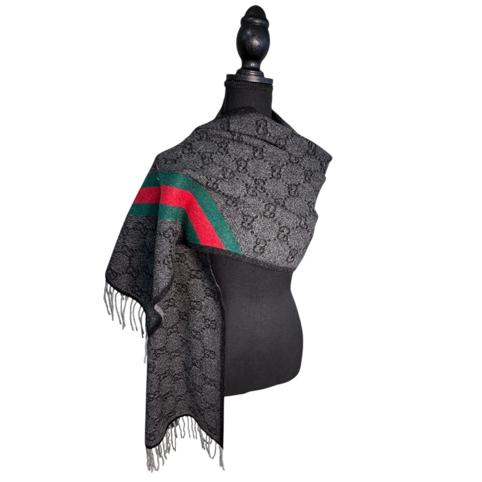 Gucci NWT Nikky Wool GG Monogram Web Stripe Scarf in Grey - Image 12