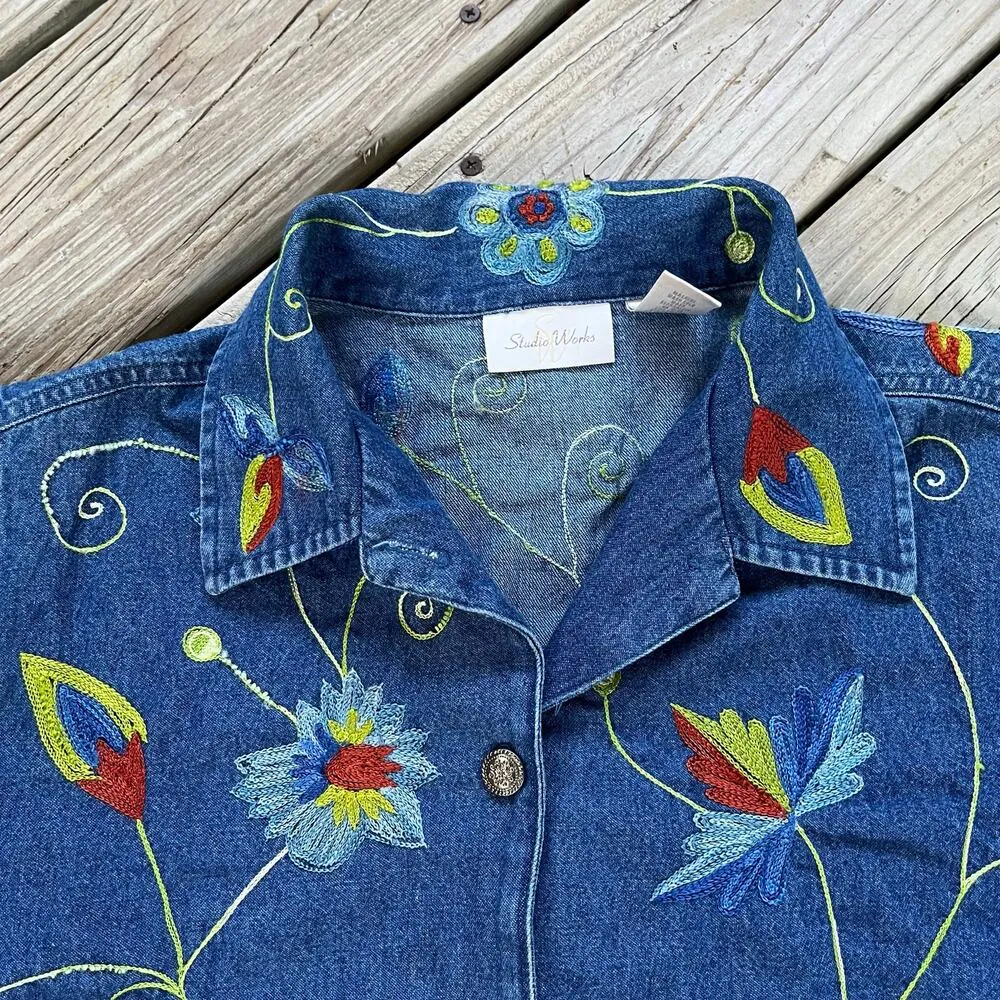 Studio Works Women's Vintage Embroidered Denim Jacket Size L - Image 3