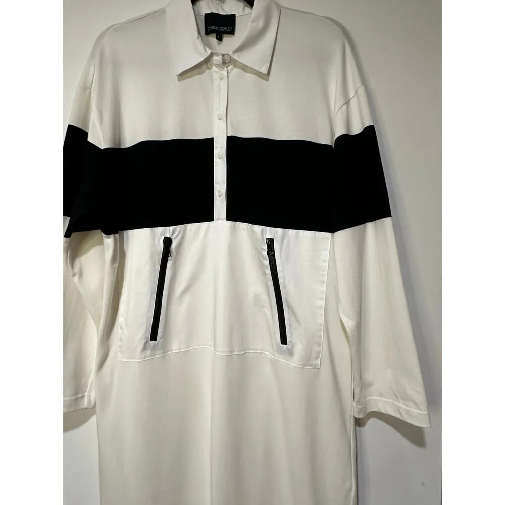 Cynthia Rowley Rugby Striped Cotton Knit Shirt Dress White Black Size Large EUC - Image 6