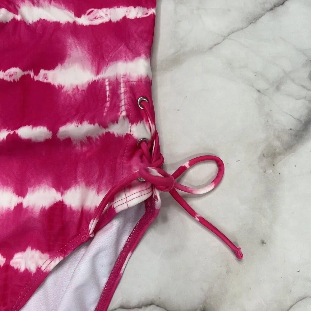 California Waves Pink Juniors' Tie-Dyed Stripe One-Piece Swimsuit Size M Lace Up - Image 4