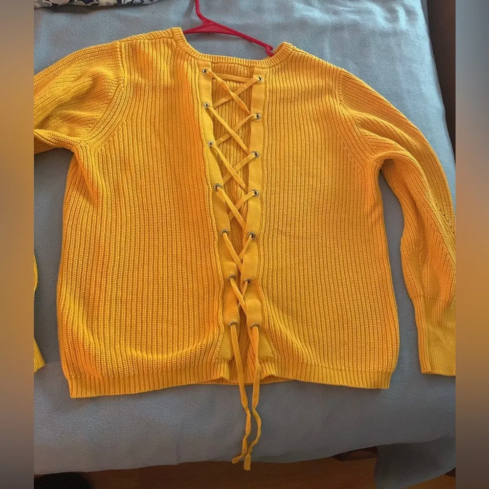 Womens Laced Back Pullover Sweater, Yellow M  Ruffled cottage core - Image 9