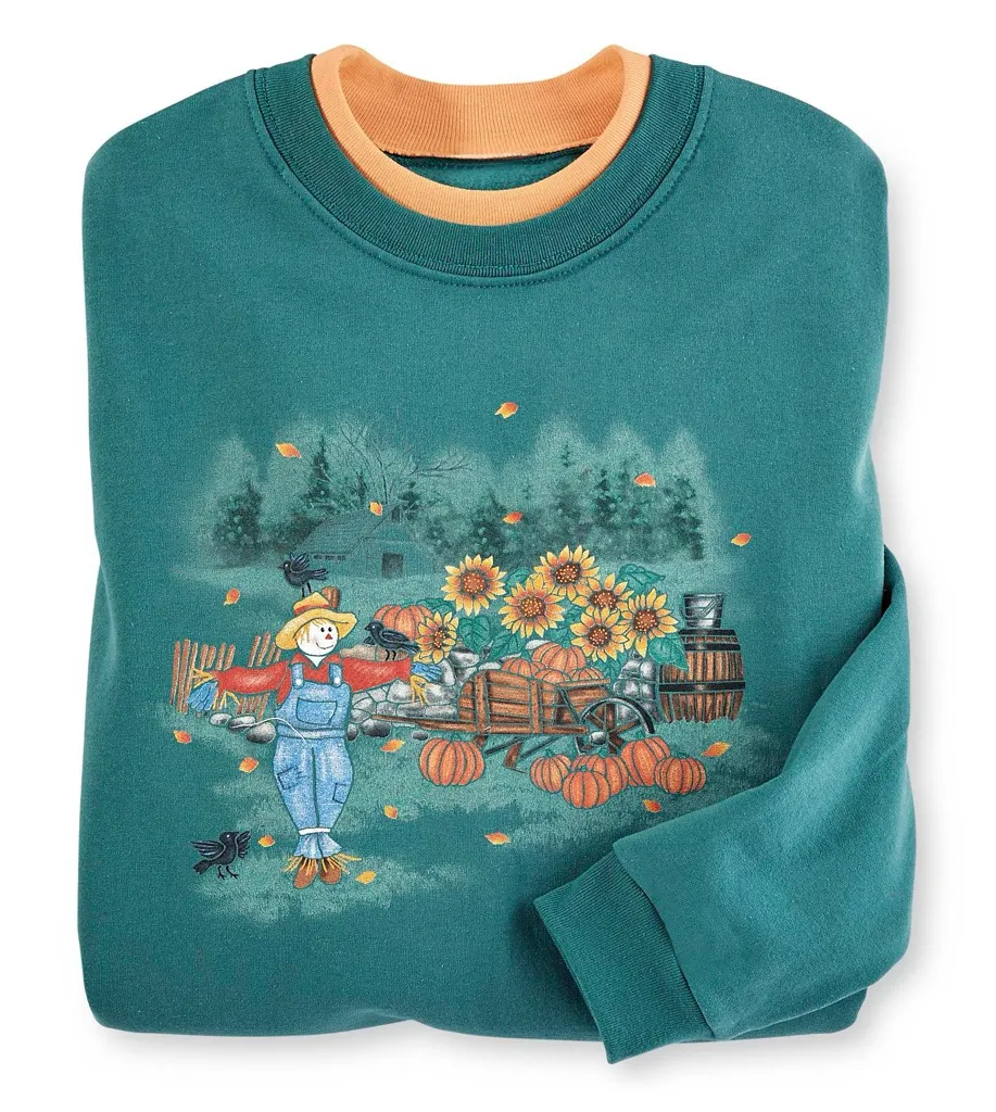 Country Store Scarecrow Harvest Fall Teal Inset Collar Pullover Crewneck Sweater Green Size XL - Image 1