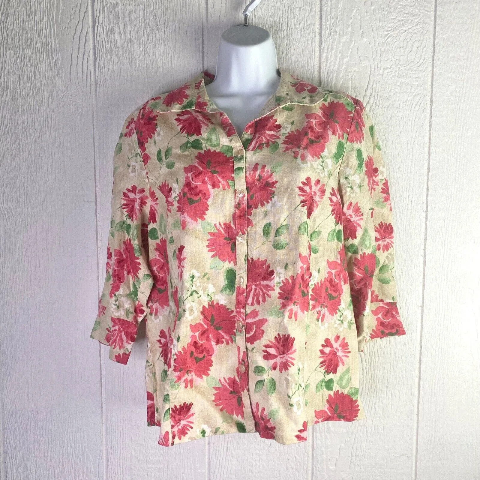 JM Collection Womens Size 14P 100% Linen Floral Beige Button Up Shirt 3/4 Sleeve - Image 2