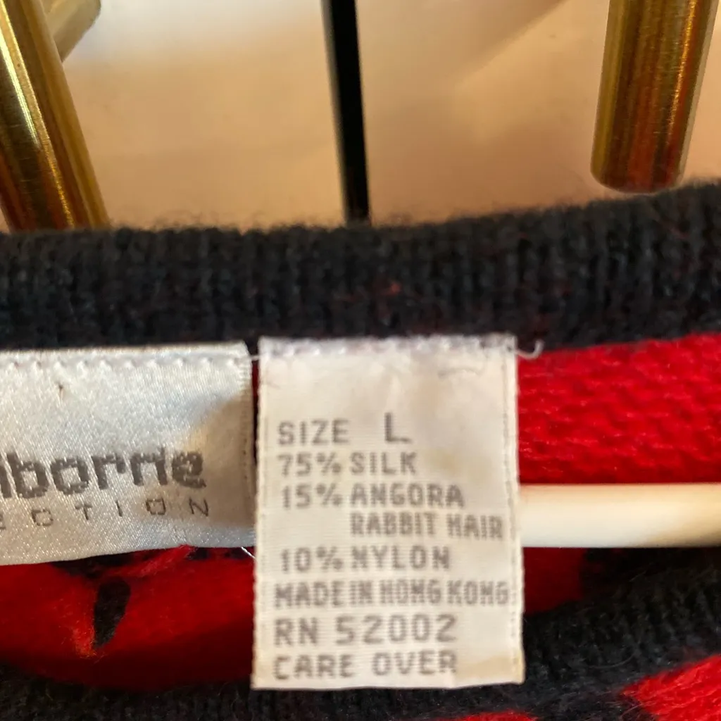 Vintage 90s Liz Claiborne Red silk Angora blend sweater black swirl embroidery. - Image 5