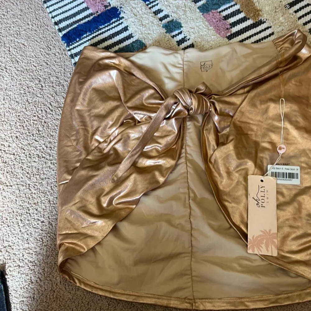 NWT Oh Polly Swim Gold Metallic Wrap Cover Skirt M - Image 4