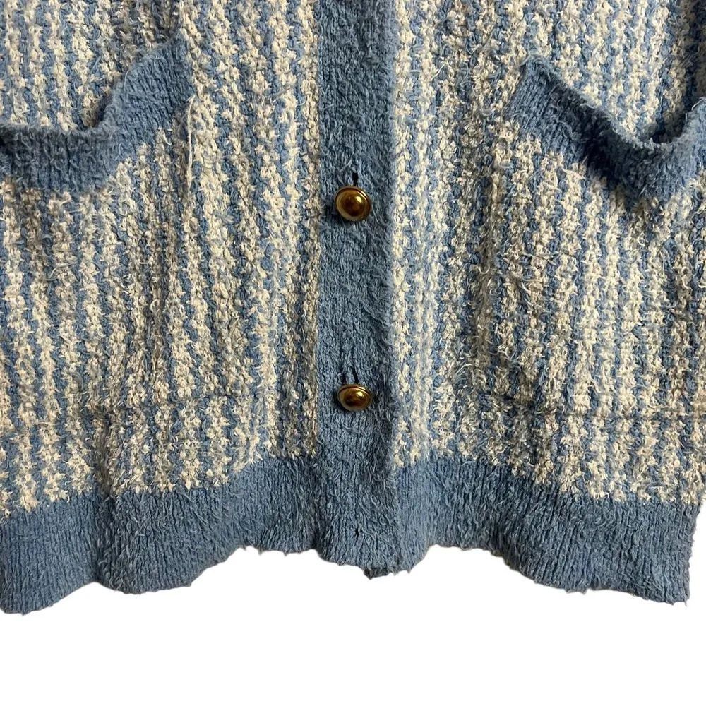Blue Chunky Oversized Tweed Striped Button Cardigan Sweater Size S - Image 7