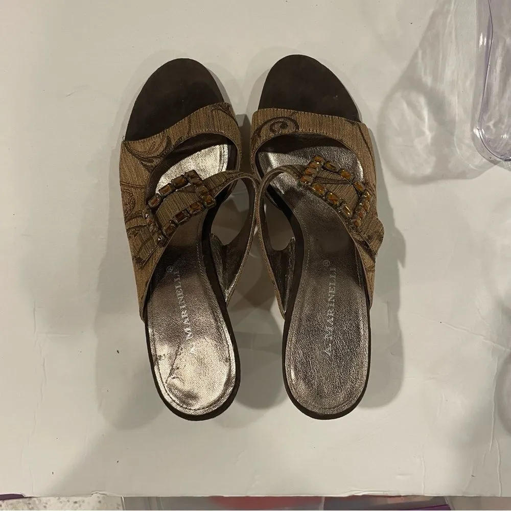 Y2K baroque fabric orange jeweled buckle strapy slides kitten heel luxury Brown Size 7.5 - Image 5