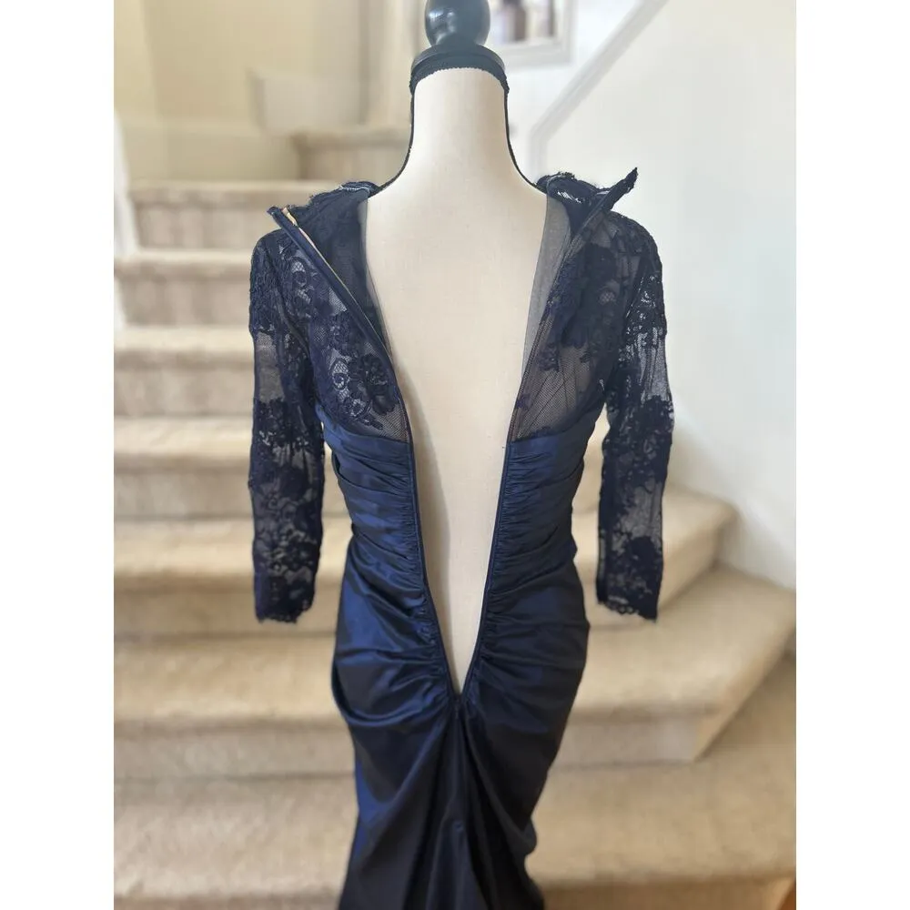 Tadashi Shoji Navy Draped Illusion Lace Sheath Gown - Image 5