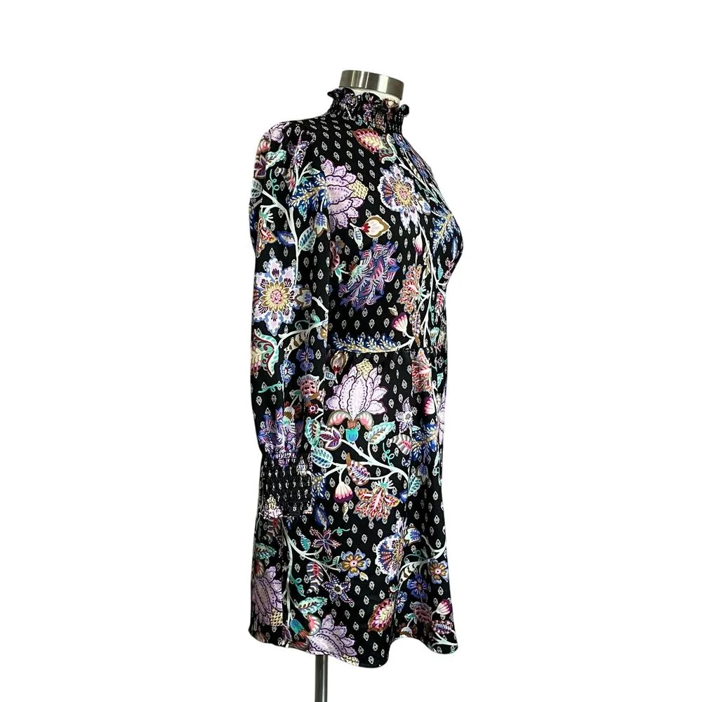 Loft Black Floral Mock Neck Long Sleeve Babydoll Dress Size 10 Petite - Image 2