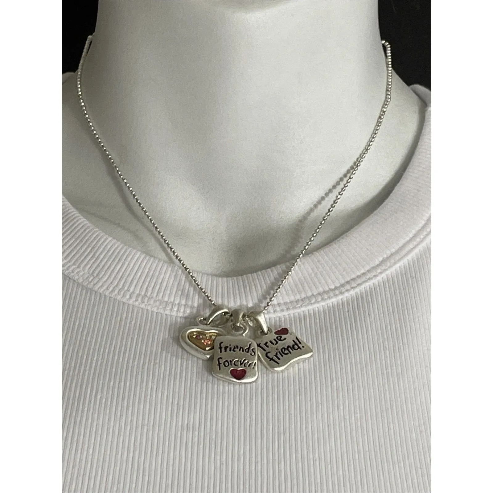 AJMC Silver Tone Friends Forever Heart pendant Necklace Ball Chain 16 - Image 2