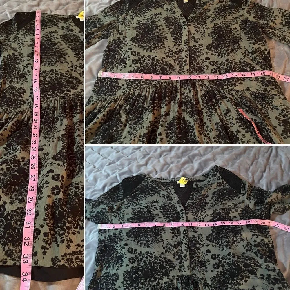 Hinge Long Sleeve Relaxed Floral Drop Waist Mesh Shoulder Dress Green Black S - Image 9