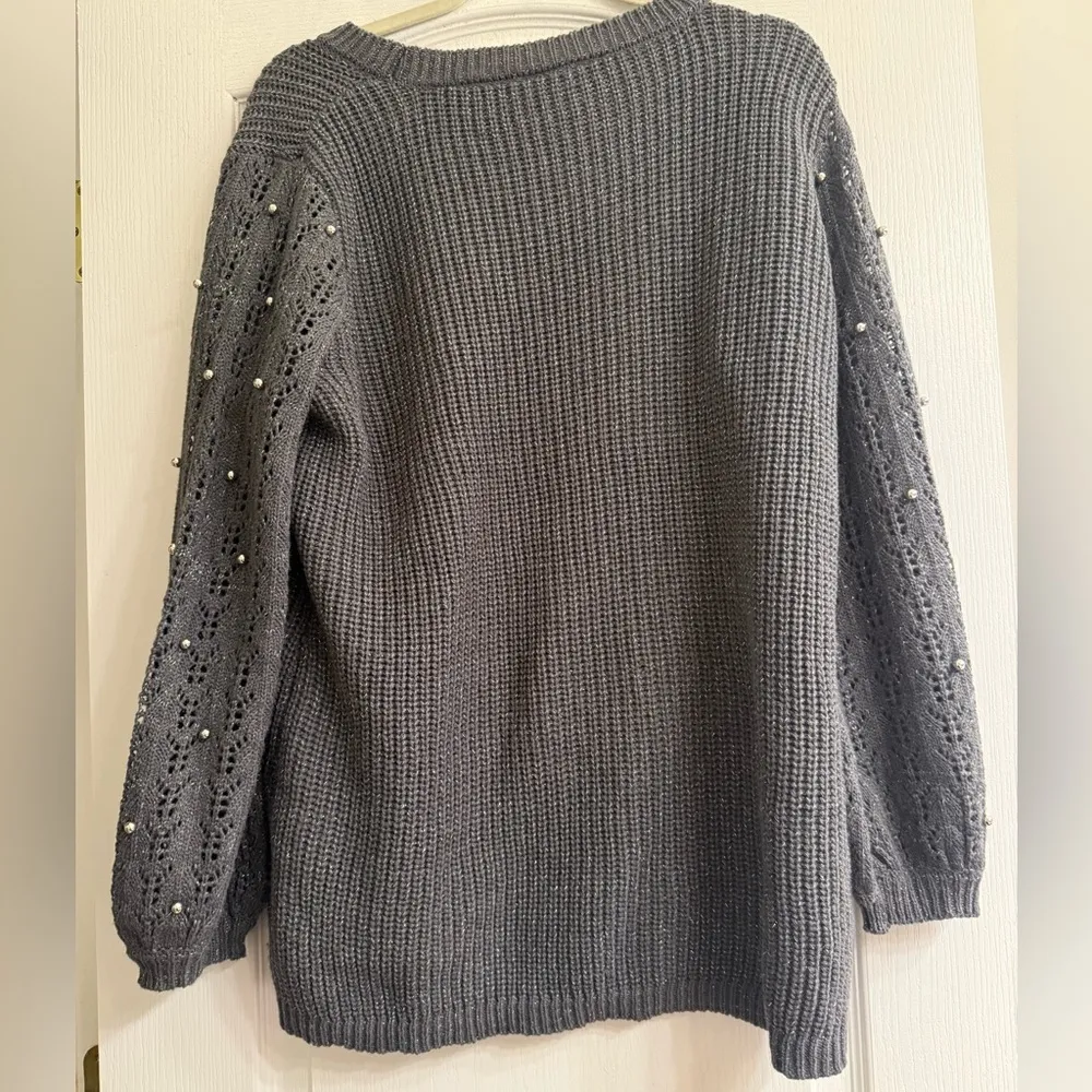 Lane Bryant Grey Metallic Beaded Knit Crochet Style Sleeve Sweater - size 14/16 - Image 5