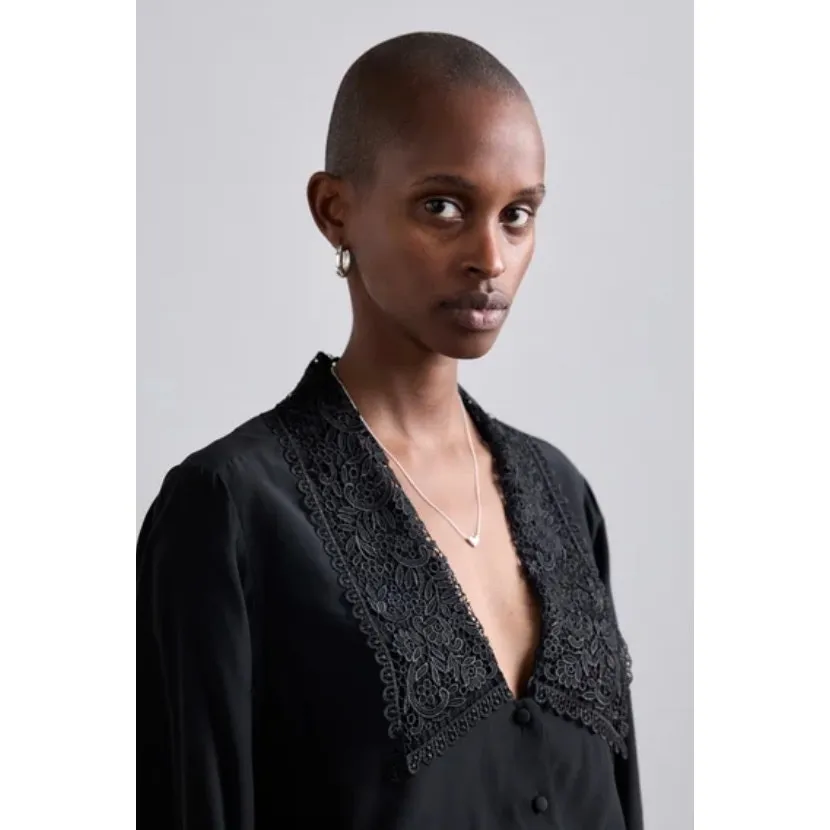 Frame Black Silk Lace Puritan Collar Button Front Blouse XS - Image 4