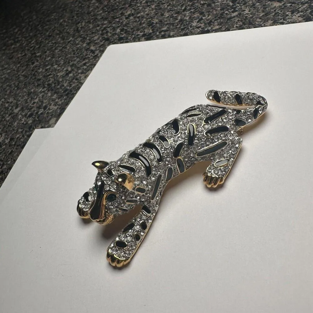 Large Tiger Striped Wild Cat Rhinestone Gold Tone Black Enamel Brooch Pin - Image 4