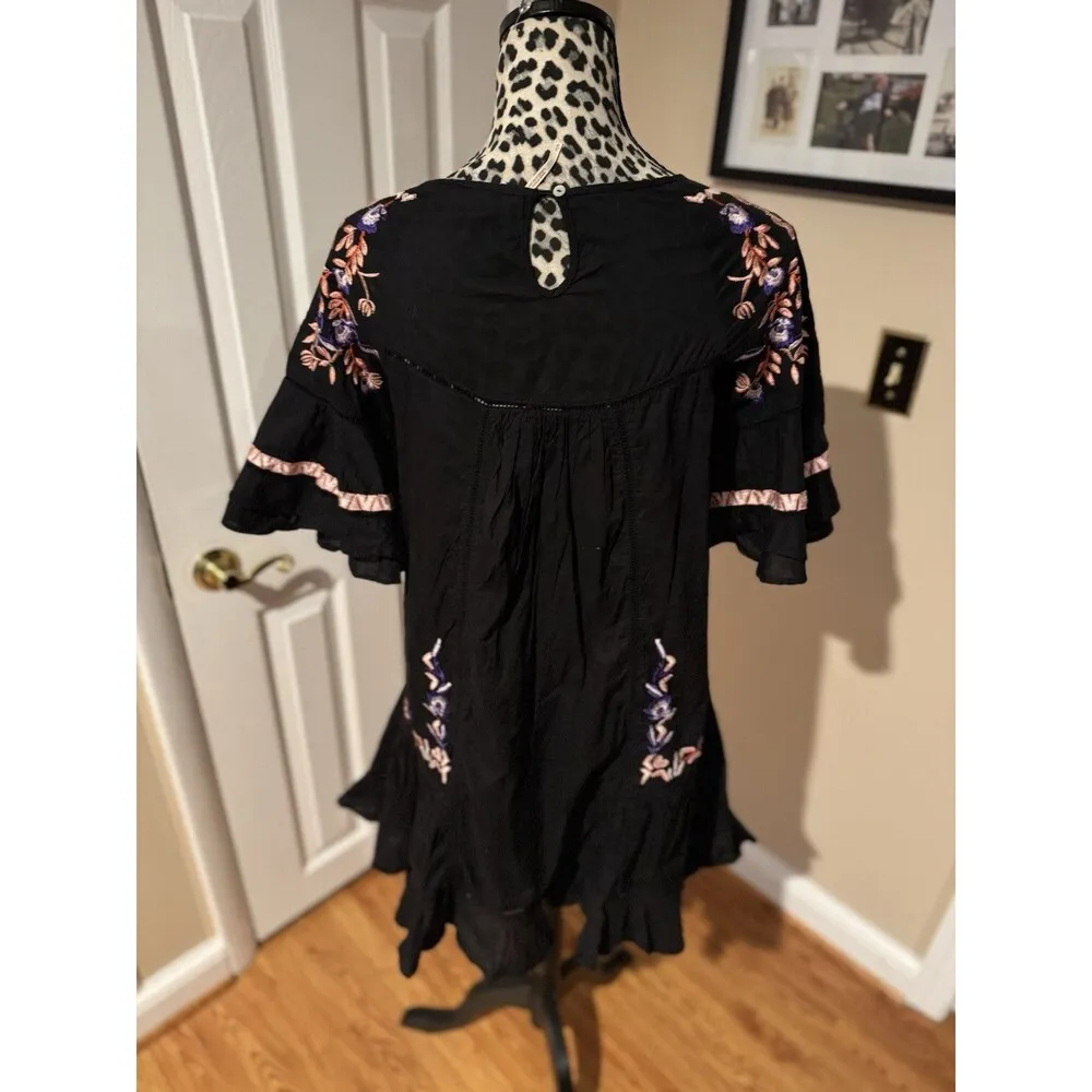 PAVLO 100% Cotton Embroidered Black Dress S Ruffle Boho 3/4 Sleeve - Image 10