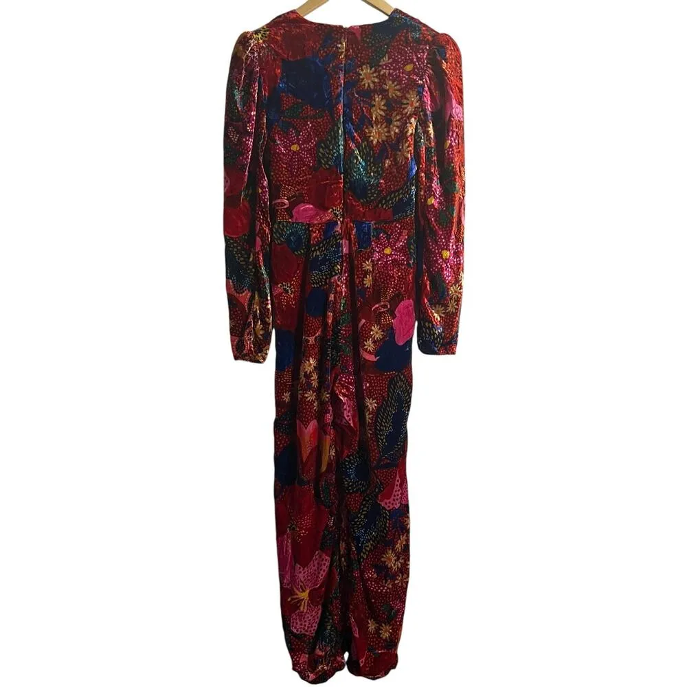 Farm Rio Snake Garden Red Velvet Floral Print V-Neck Long Sleeve Jumpsuit Sz XS - Image 16