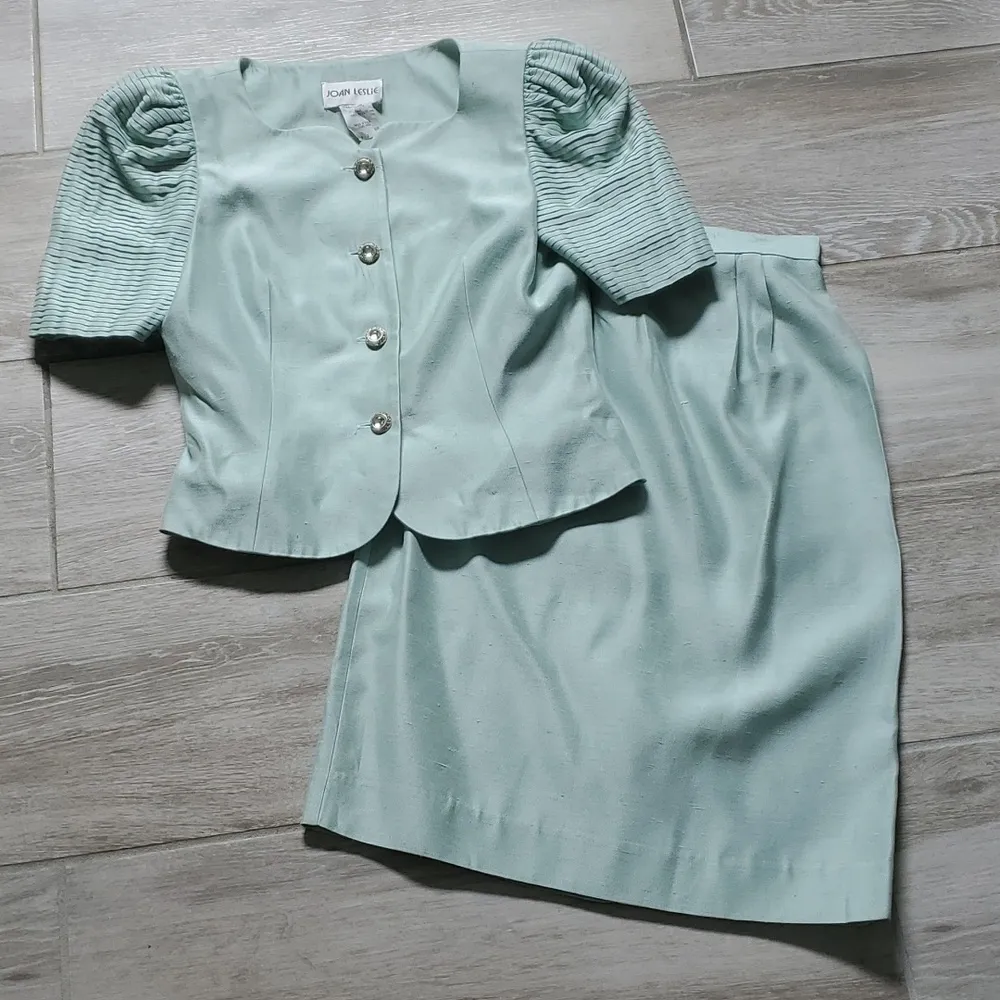 Vintage Joan Leslie Short Puff Sleeve Skirt Suit Set Green Size 8 - Image 4