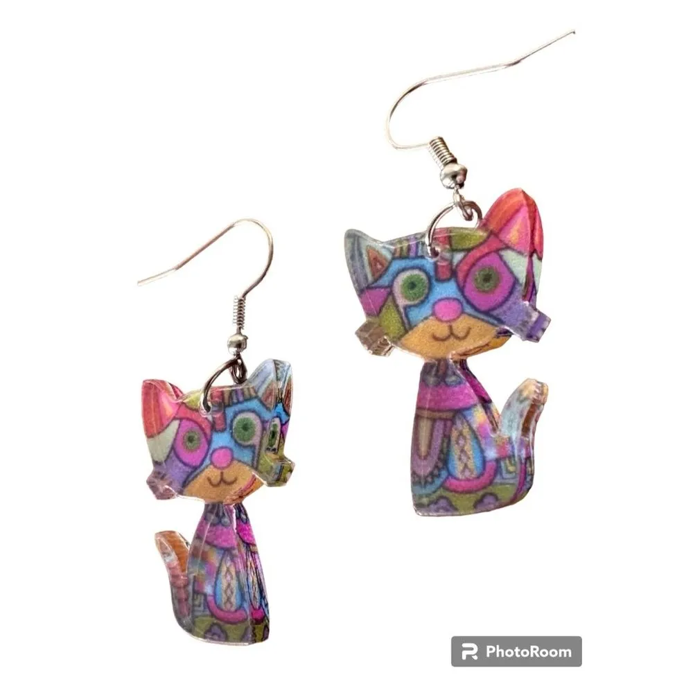 Whimsical Cat Earrings New Multicolor Kitty Lover Dangle Hooks Christmas… - Image 5