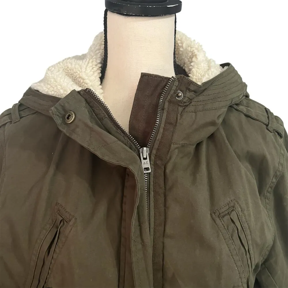 American Eagle Wmn's Green Cinch Waist Military Utility Hooded Coat Jacket Sz XL - Image 2
