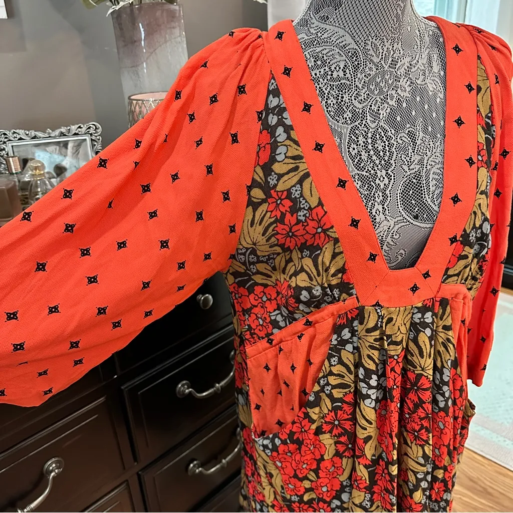 Free People Tallula Poppy Orange Deep-V Mixed Floral Boho Dress Size S - Image 3