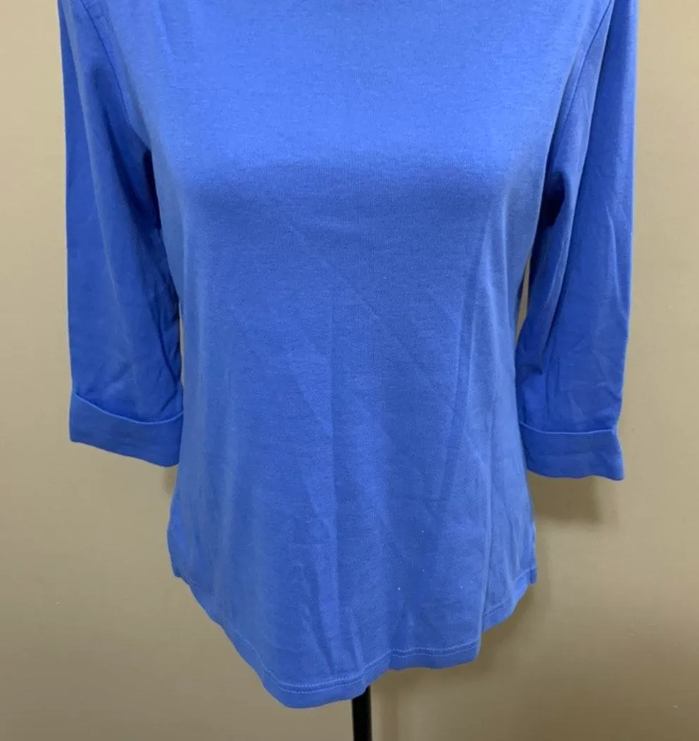 Petites Blue Boatneck 3/4” Sleeve Cotton Top - Image 5