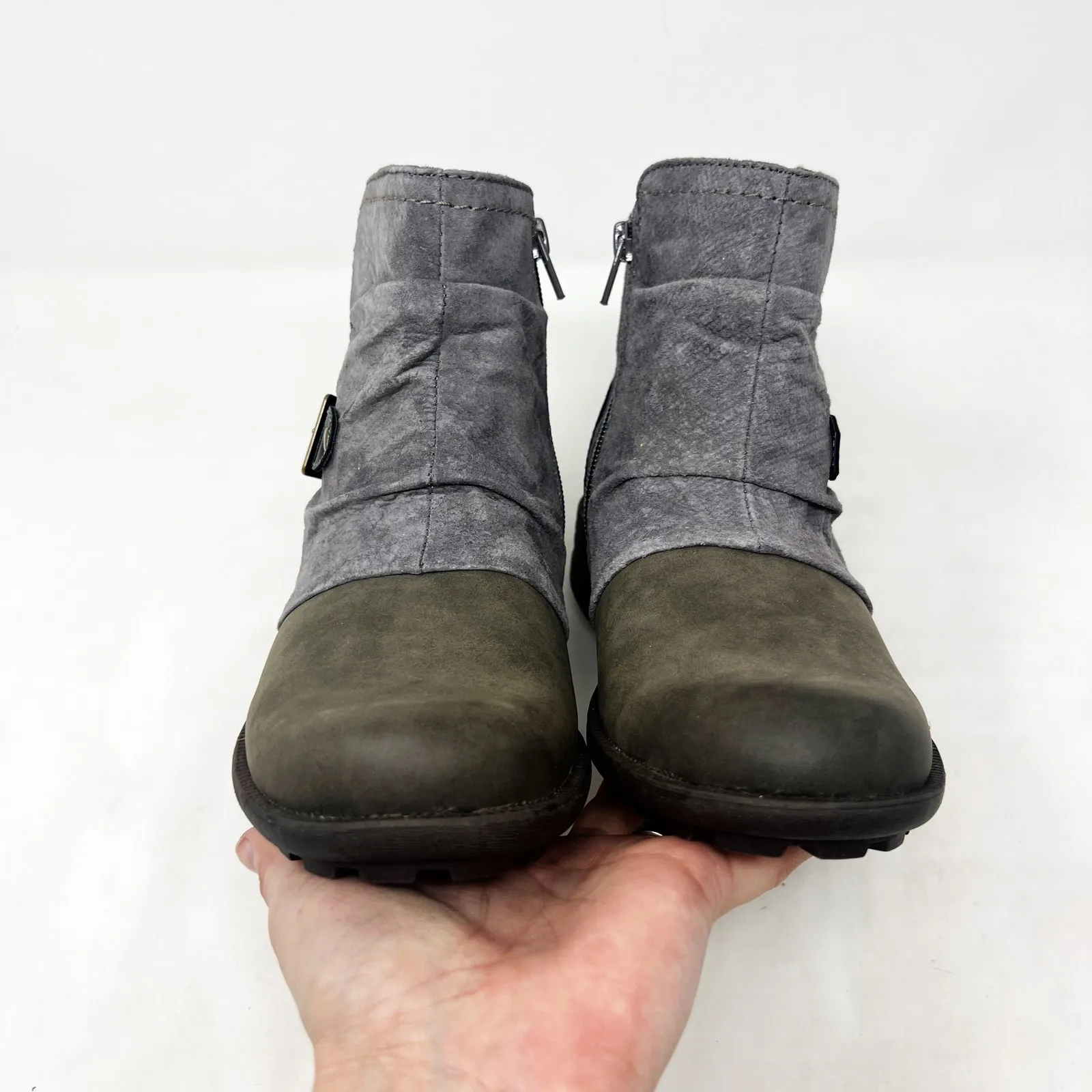 [Earth Origins] Gray & Black Suede Leather Phoenix Zip Buckle Ankle Boots Sz 7M - Image 3