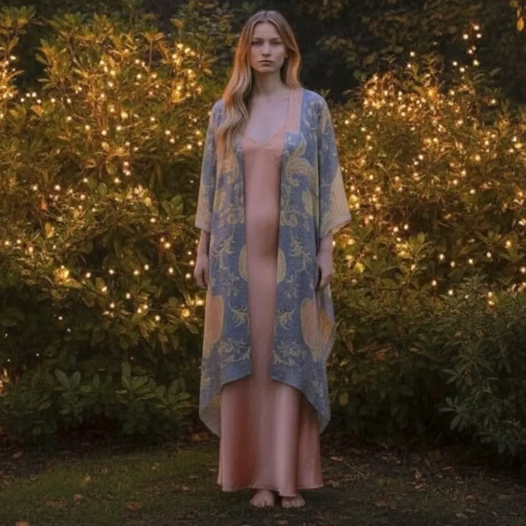 One Hundred Stars Bohemian Gypsy Rococo Midi Kimono One Size OS Witchy Boho Blue - Image 9