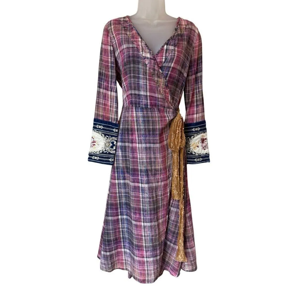 Aratta Silent Journey Boho Plaid Purple Pink Wrap Dress Size XS - Image 5