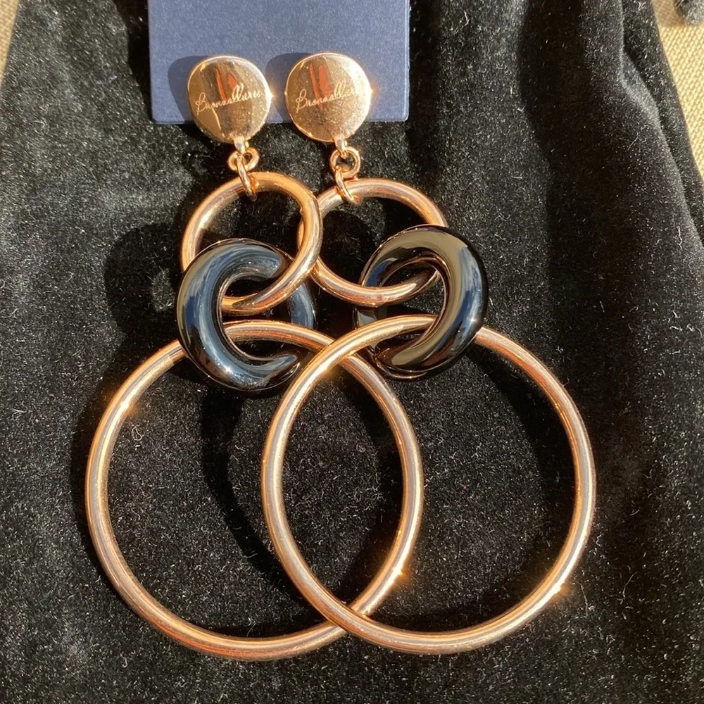 🆕 18kt Rose Gold Bronzallure & Onyx 3” Dangle Circle Hoop Earrings, MILOR Italy Pink - Image 8