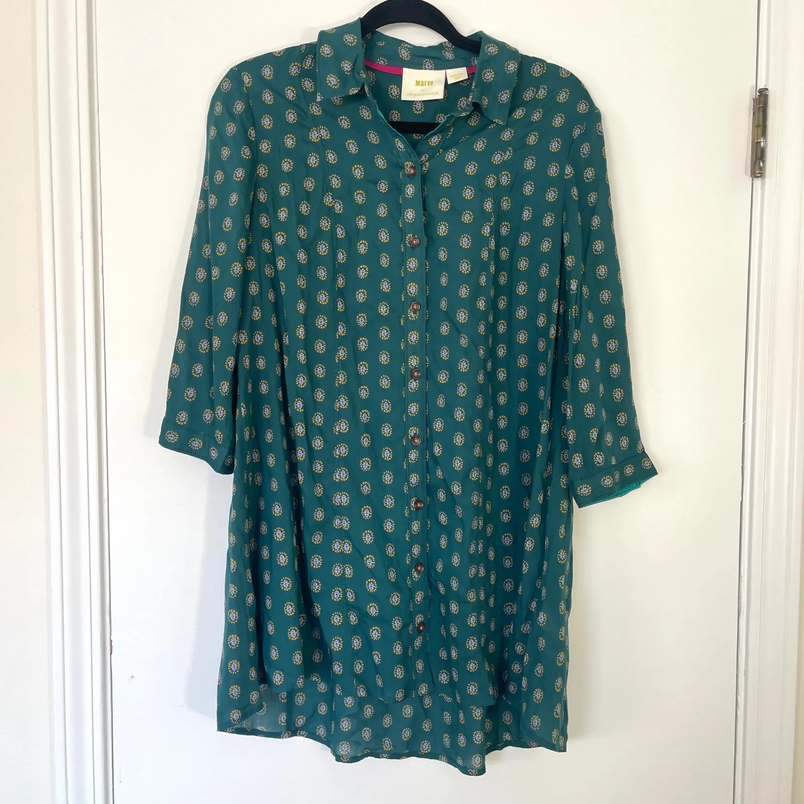 Anthropologie Maeve Monika Teal Print Button Down Tunic Shirt Women's Medium - Image 3