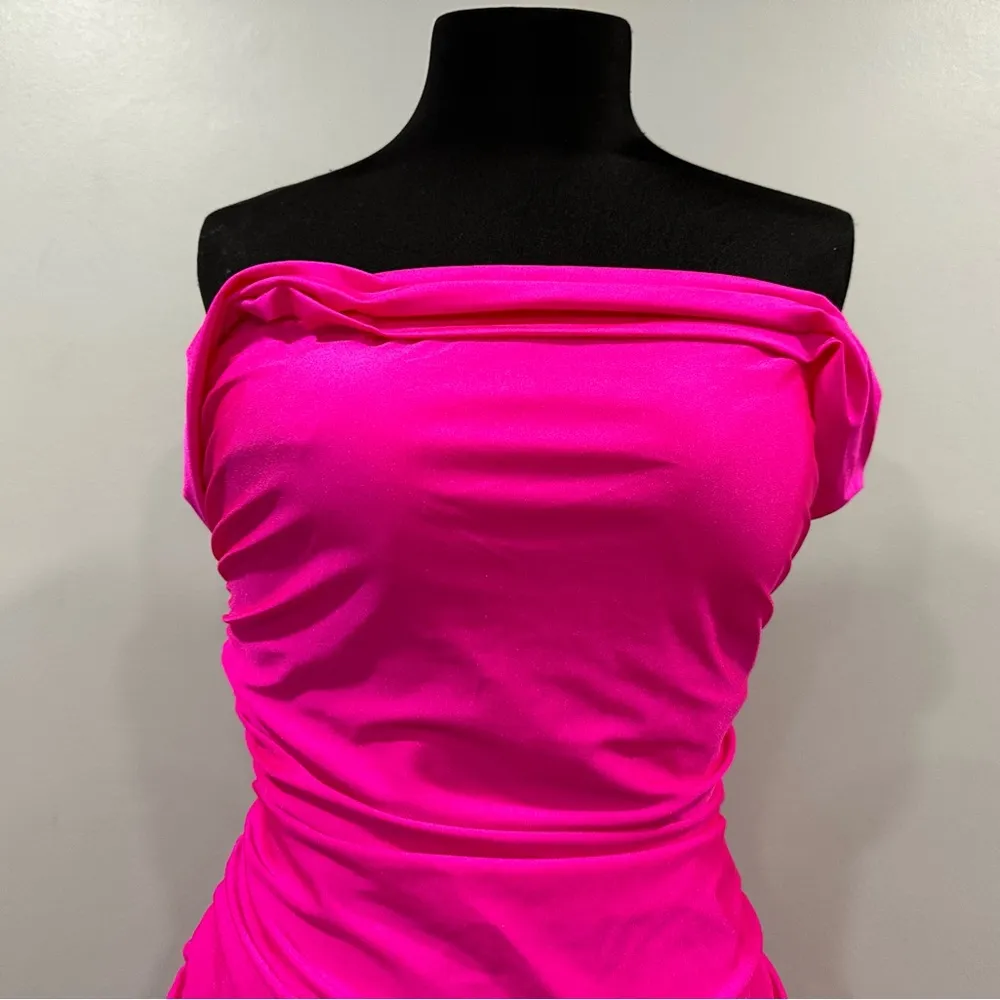 La Femme 28506 Off the Shoulder Satin Trumpet Gown 12 Neon Pink - Image 5