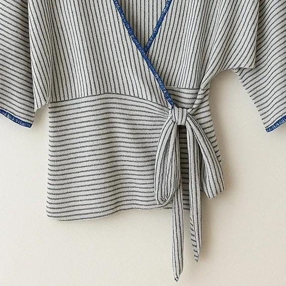 Sundance Striped V-Neck Wrap Top  Small Linen Tie Waist Coastal‎ Casual - Image 4