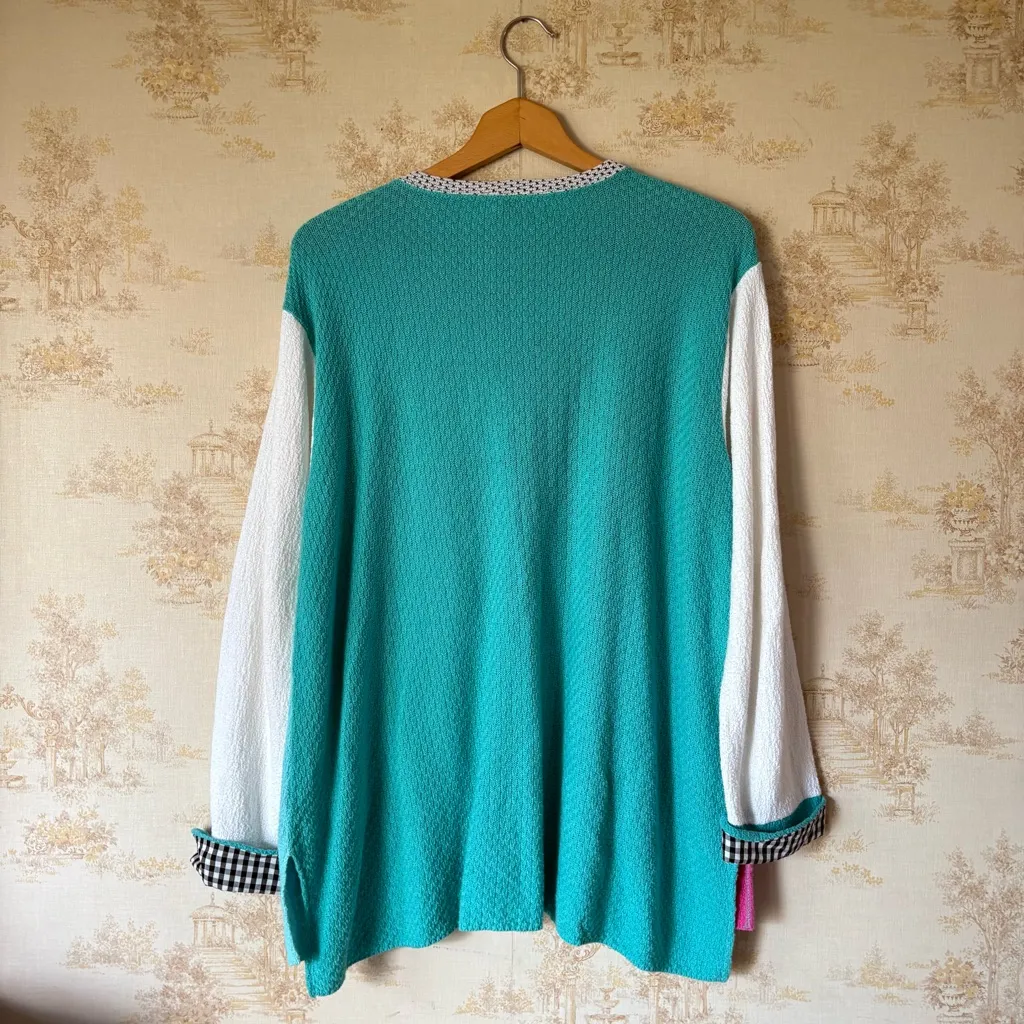 Vintage 90s turquoise blue pink white funky clowncore gauzy cardigan sweater L Size L - Image 9