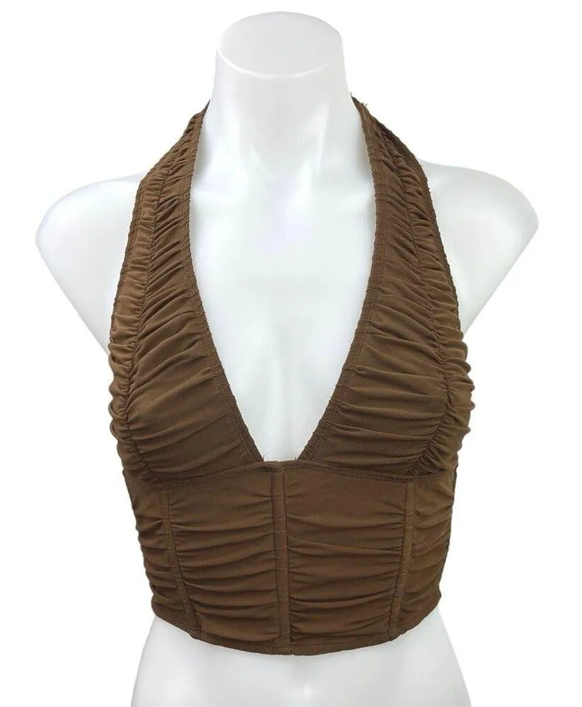 Edikted Brown y2k Sleeveless V-Neck Halter Tie Cinched Corset Crop Tank Top Sz S - Image 3