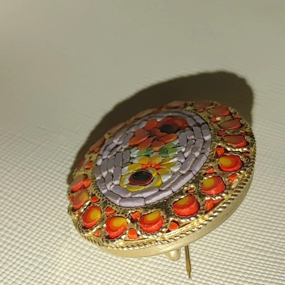 Vtg Italian Micro Mosaic Floral Oval Brooch Red Yellow Accents Gold Tone Pin - Image 6