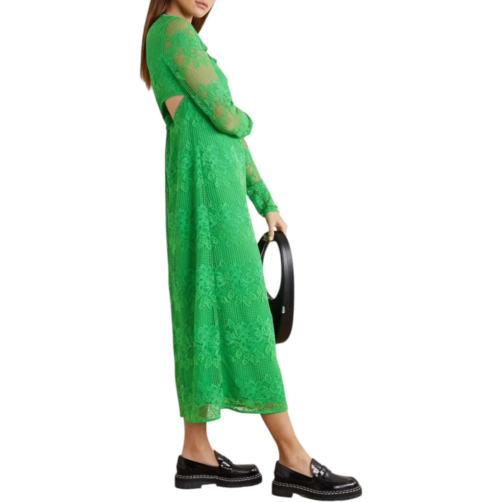 GANNI Green Cutout Twisted Lace Midi Dress Embroidered Floral Long Sleeve‎ 36 4 - Image 2