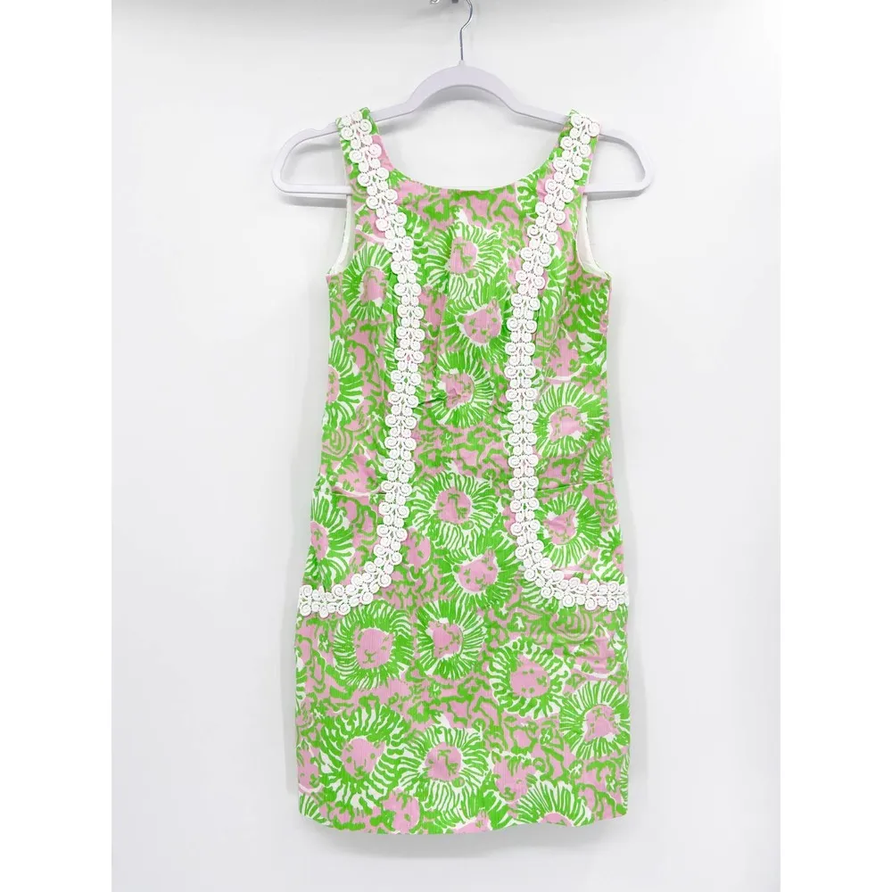 Lilly Pulitzer Liz Shift Dress Sunnyside Lion Print Green Pink Big Cat Size 00 - Image 2