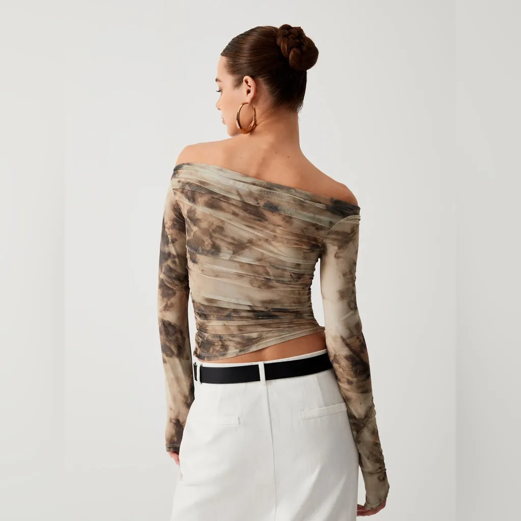 Commense Semi Sheer Tulle Mesh Top Off Shoulder Long Sleeve Crop Top Small Khaki Tan - Image 2