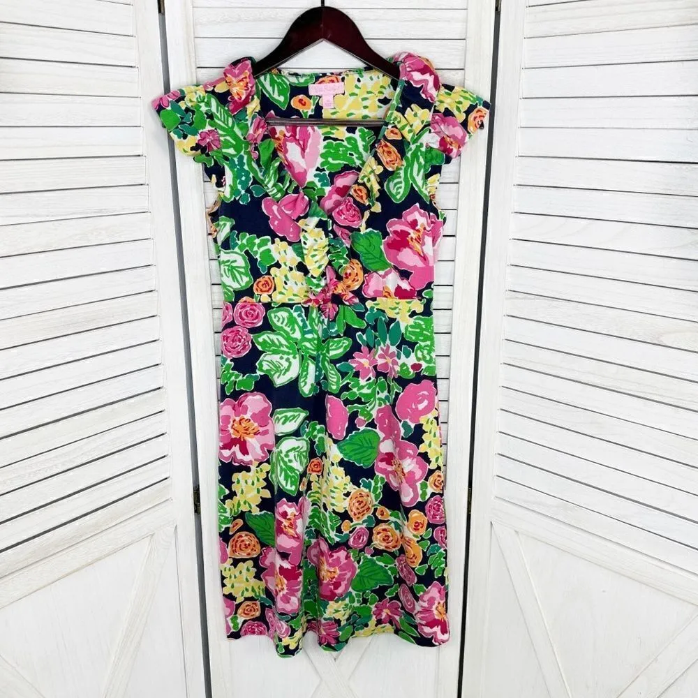 Lilly Pulitzer Clare Floral Ruff Trim Silk Jersey Knit Dress XS Gateway Garden - Image 10