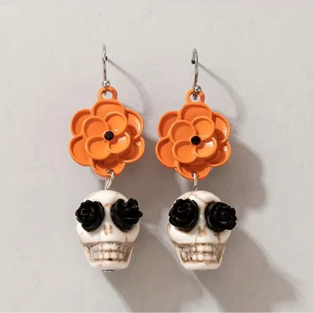 Skull Orange Flower Black Rose Eyes Drop Dangle Earrings Faux Fashion‎ Jewelry - Image 5