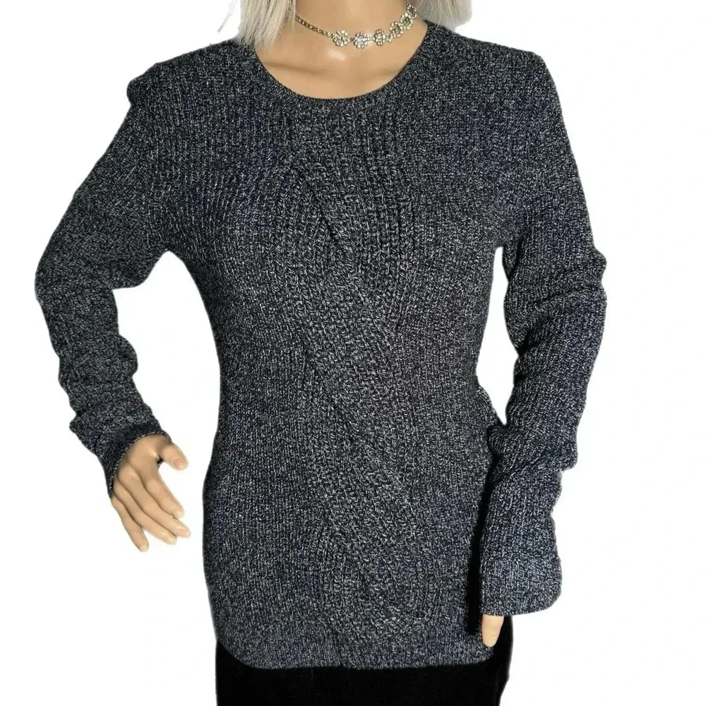 NWT TALBOTS Woven Knit Sweater 100% Cotton Long Sleeve Navy Crew Pullover Small - Image 2