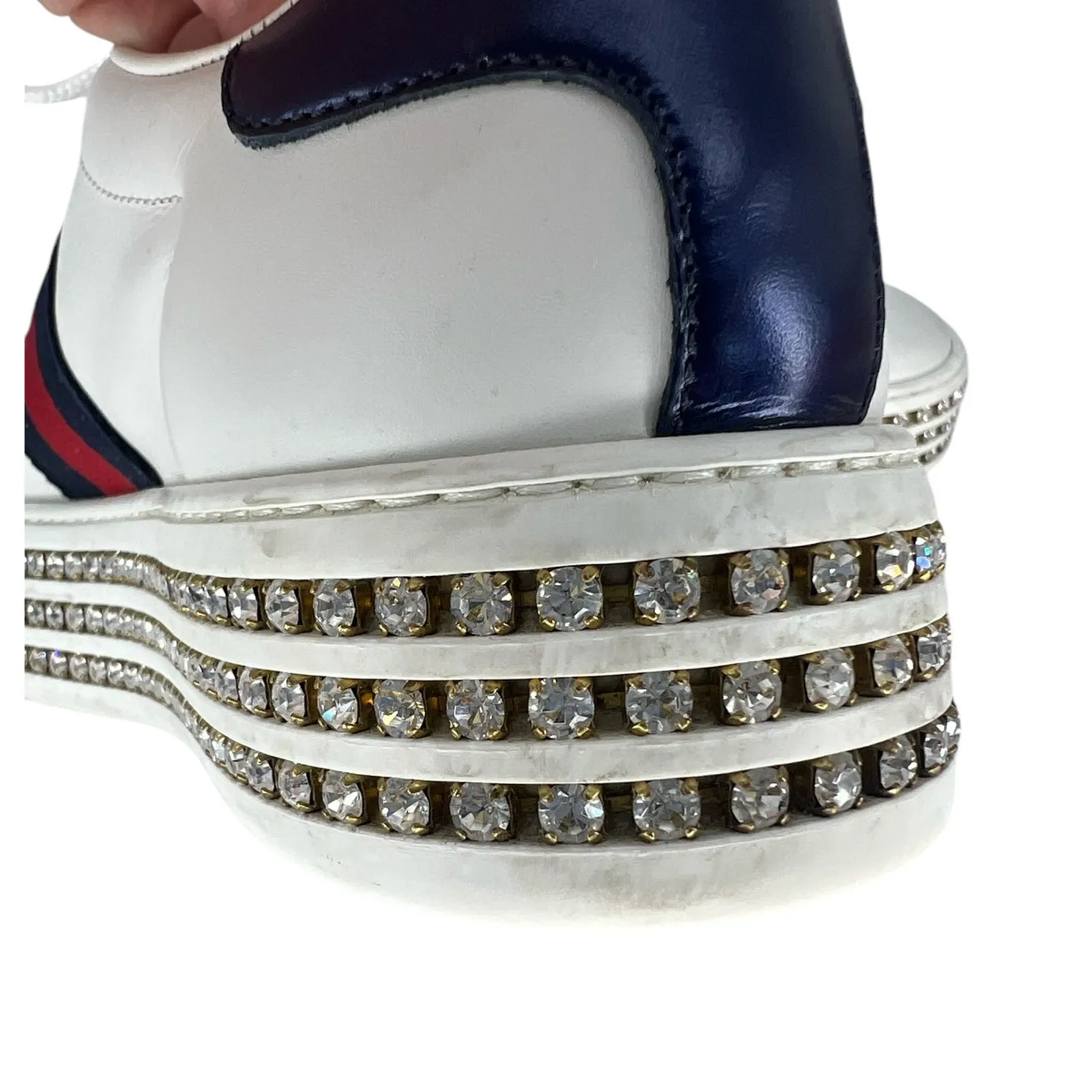 Gucci Ace Web Platform Crystal Embellished Leather Sneakers - Image 11