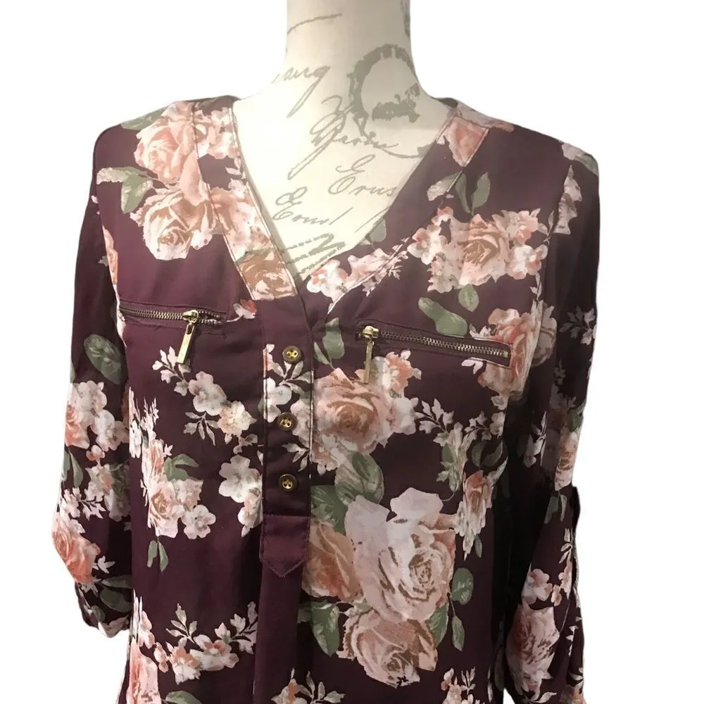 Rue 21 Size Medium Burgundy Floral Blouse - Image 4